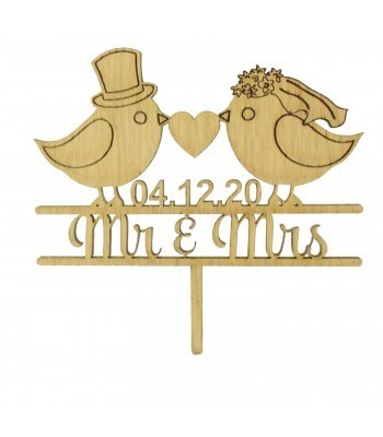 Laser Cut Oak Veneer Personalised 'Mr & Mrs' Cake Topper with Birds - Date